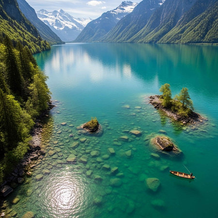 Aerial view of beautiful alpine lake in Alps mountains, Switzerlandの写真素材