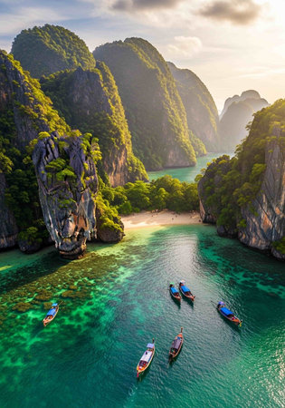Aerial view of boats in Ha Long bay, Quang Ninh province, Vietnamの写真素材