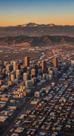 Aerial view of downtown Los Angeles at sunset, California, USA.の写真素材