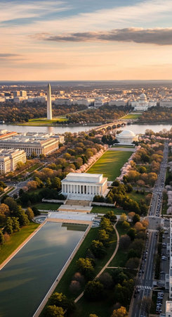Aerial view of the Lincoln Memorial and Washington Monument in Washington DC USAの写真素材