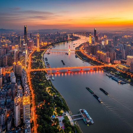 Aerial view of Shanghai at sunset, China. Shanghai is the capital and largest city of China.の写真素材