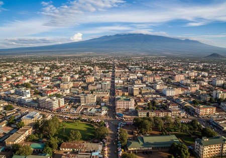 Aerial view of a city with a mountain in the background.の写真素材