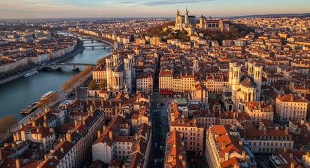 Panoramic view of the city of Lyon at sunset, Franceの写真素材