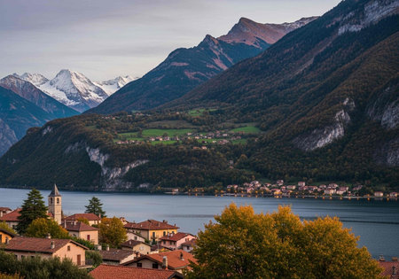 View of the lake and the villageの写真素材
