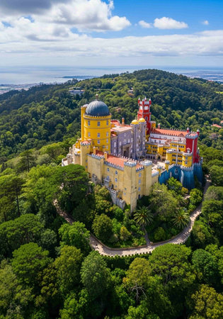 Aerial view of the Pena Palace in Sintra, Portugalの写真素材