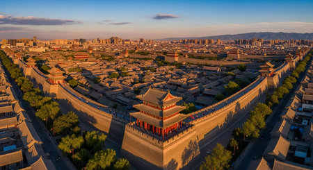 Aerial view of the Forbidden City in Beijing, China at sunsetの写真素材