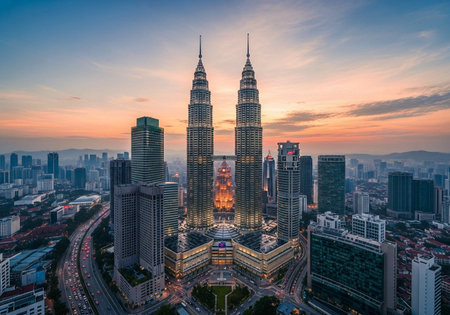 Petronas Twin Towers at sunset in Kuala Lumpur, Malaysiaの写真素材