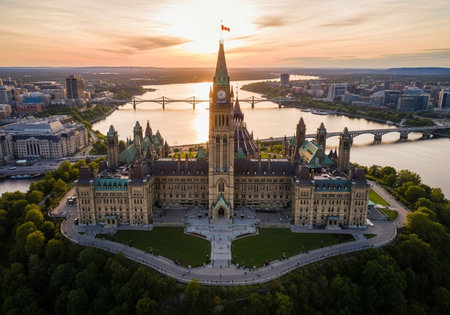 Aerial view of Parliament building at sunset.の写真素材