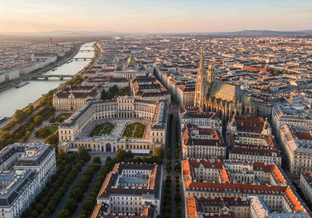 Aerial view of the city of Budapest, Hungary at sunset.の写真素材