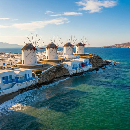 Aerial view of windmills in Mykonos town, Greeceの写真素材