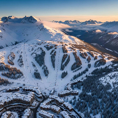 Aerial view of ski resort in mountains, Italyの写真素材