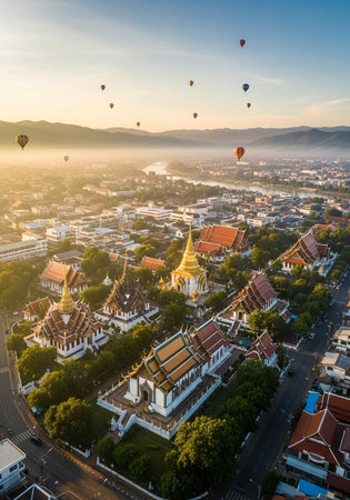Hot air balloons flying over Wat Phra Kaew, Bangkok, Thailandの写真素材
