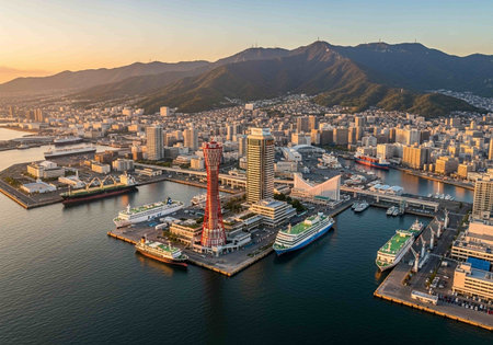 Aerial view of Yokohama city skyline at sunset, Japanの写真素材