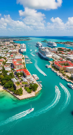 Aerial view of luxury yachts and cruise ships in port of Miami, Florida.の写真素材