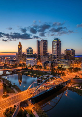 Sunset view of the city of Frankfurt am Main, Germany.の写真素材