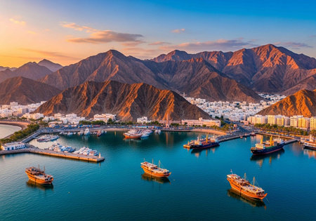 Aerial view of the port and the cityの写真素材