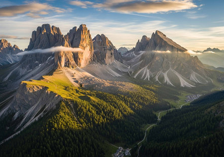 Aerial view of Dolomites mountains at sunrise, Italy.の写真素材