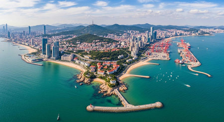 Aerial view of Qingdao coastline and cityscape, Chinaの写真素材