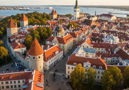 Panoramic view of the old town of Tallinn, Estoniaの写真素材