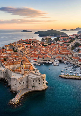 Dubrovnik old town at sunrise, Croatia. Aerial view.の写真素材