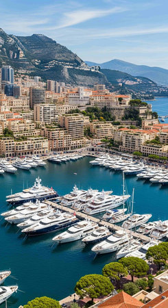 Aerial view of Monaco harbor with luxury yachts and boats.の写真素材