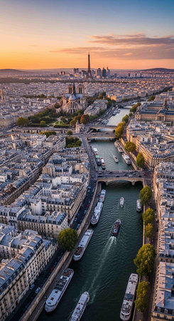 Aerial view of the Eiffel Tower and Seine river at sunset, Paris, Franceの写真素材