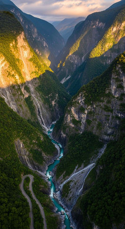 Aerial view of a winding river in the mountains at sunset.の写真素材