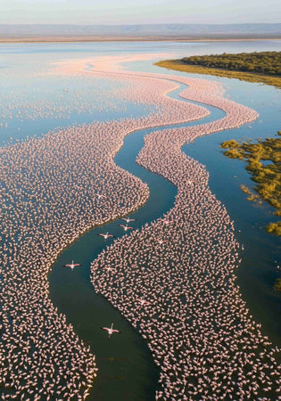 Aerial view of flamingosの写真素材