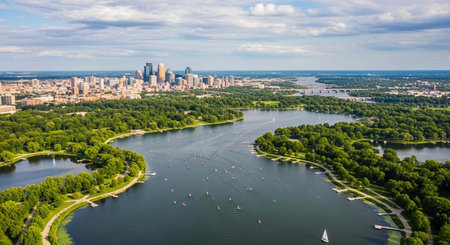 Aerial view of a city with a river and skyline.の写真素材