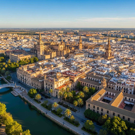 Aerial view of the city of Seville at sunset, Spainの写真素材