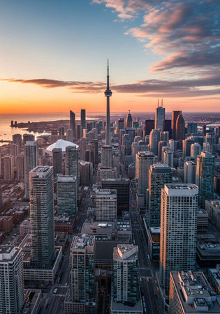 Toronto city skyline at sunset, Ontario, Canada. View from CN Tower.の写真素材