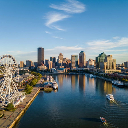 downtown city skyline at sunset with ferris wheel.の写真素材