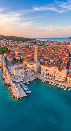 Dubrovnik old town aerial panoramic view at sunset, Croatiaの写真素材