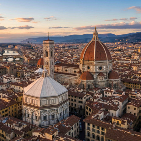 Aerial view of Florence Cathedral at sunset, Tuscany, Italyの写真素材