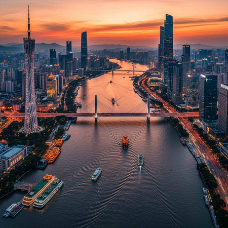 Aerial view of Shanghai Pudong skyline at sunset, China.の写真素材