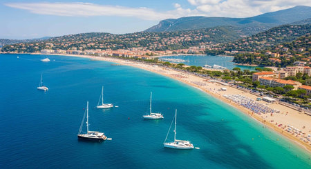 Panoramic aerial view of the sandy beach and the bayの写真素材