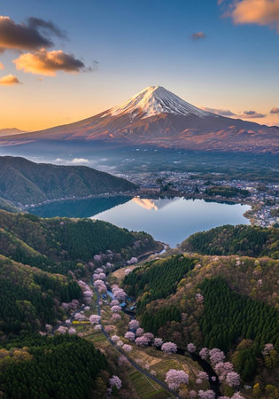 Mt Fuji and cherry blossoms at Kawaguchiko lake in Japanの写真素材