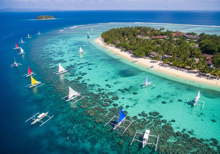 Aerial view of beautiful tropical island with white sand beach and turquoise seaの写真素材