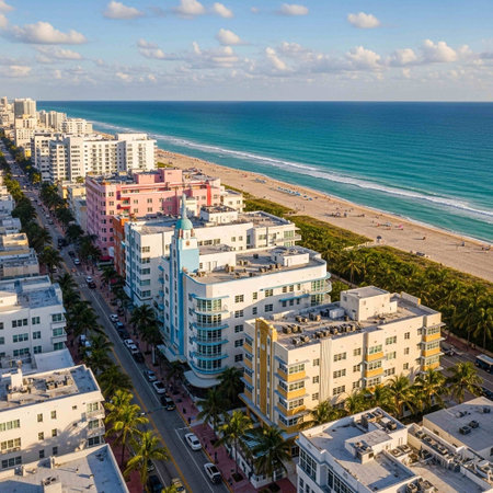 Aerial view of Miami Beach, Florida, USA in the morning.の写真素材