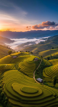Longji terraced rice fields at sunset, Mu Cang Chai, YenBai, Vietnamの写真素材