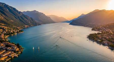 Panoramic aerial view of Lake Como at sunset, Italyの写真素材