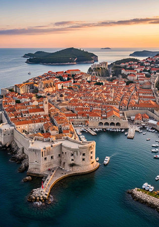 Dubrovnik old town at sunrise, Croatia. Aerial view.の写真素材