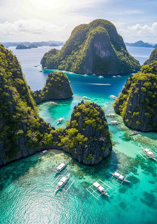 Aerial view of an island with boats and clear blue water.の写真素材