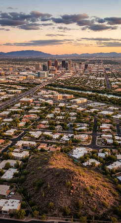 Aerial view of downtown Tucson, Arizona, USA at dusk.の写真素材