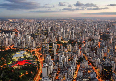 Aerial view of cityscape at twilight time.の写真素材