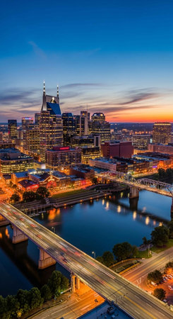 Aerial view of downtown Pittsburgh, Pennsylvania, USA at dusk.の写真素材