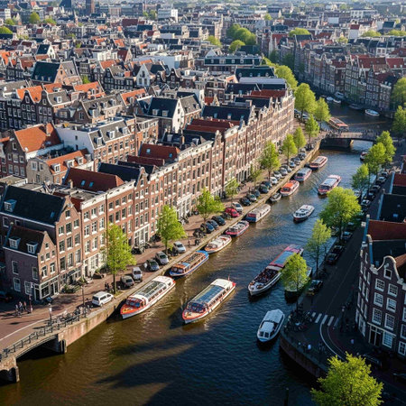Amsterdam, Netherlands. Aerial view of Amsterdam canals and typical houses.の写真素材
