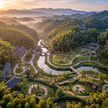 Aerial view of a park in Shenzhen, China at sunriseの写真素材