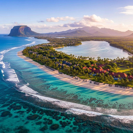 Aerial view of tropical beach with palm trees, turquoise ocean and mountains on backgroundの写真素材