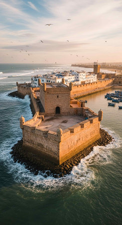 Aerial view of Essaouira fortress at sunset, Moroccoの写真素材
